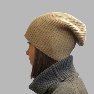 Knit beanie, wool winter hat from undyed Mongolian camel wool, gift for her.