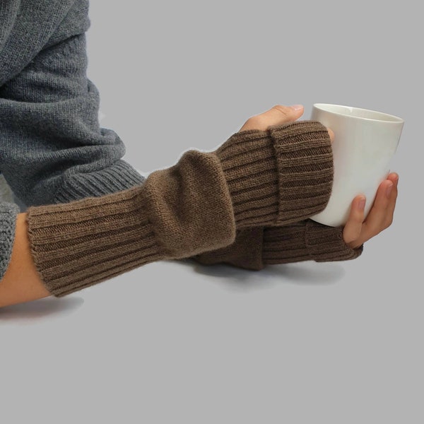 Long fingerless gloves from yak wool, Mongolian yak wool arm warmers, winter brown knitted  half finger gloves.