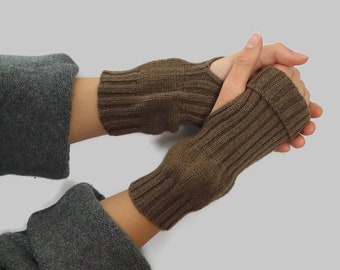 Fingerless gloves from undyed Mongolian yak wool, eco friendly yak down arm warmers, knit winter gloves, gift for her.