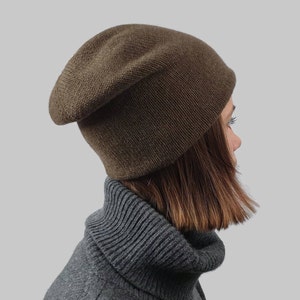 Winter slouchy beanie for women, Mongolian yak wool hat,  knit brown hat, gift for her