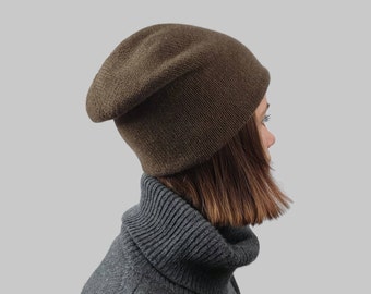 Gorro slouchy de invierno para mujeres, sombrero de lana de yak mongol, sombrero marrón de punto, regalo para ella