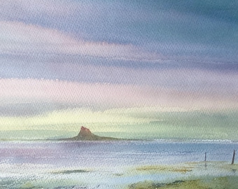 Lindisfarne Nature Reserve, original watercolour landscape wall art, Holy Island Castle, with card mount measuring 40cm x 30cm, unframed
