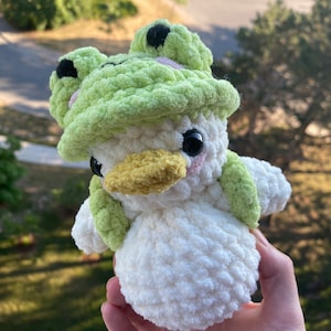 Duck with a Frog hat and Pear backpack Crochet keychain Stuffed Animal Plush Toy Handmade Accessory.