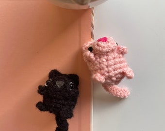 Crochet Pink and Black Panther Keychain Stuffed Animal Plush Toy Handmade Accessory.