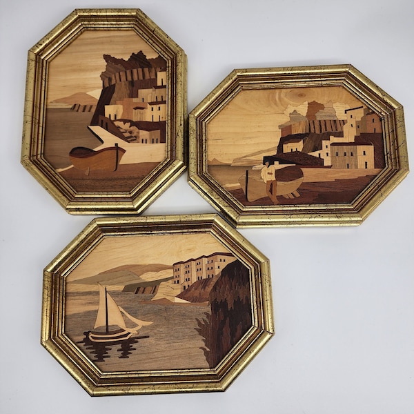 Made in Italy Handmade Inlaid Wood Seascape Wall Hangings Set of 3-Lot 1578