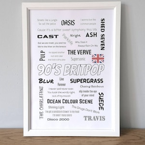90&#39;s Britpop A4 unframed print | Wall print | Home decor | Music gift | Britpop bands | Lyric print | Oasis | Pulp | Blur | 1990&#39;s Music |