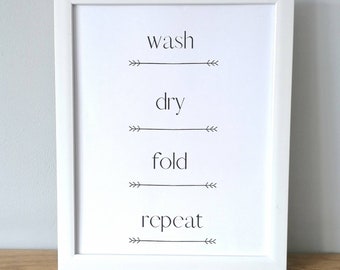 Wash Dry Fold Repeat unframed print | Home decor | Laundry print | Home print | Utility room | Washing print | Funny quote |