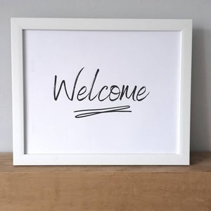 Op de afbeelding: Wit ingelijst print met het woord "Welkom" geschreven in zwarte cursieve letters.