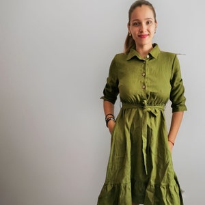 100% Linen Cottagecore Dress. Collar Shirt Dress with Buttons. Women&#39;s linen nursing dress. Dress Long Sleeves Dress Vintage Style Dress