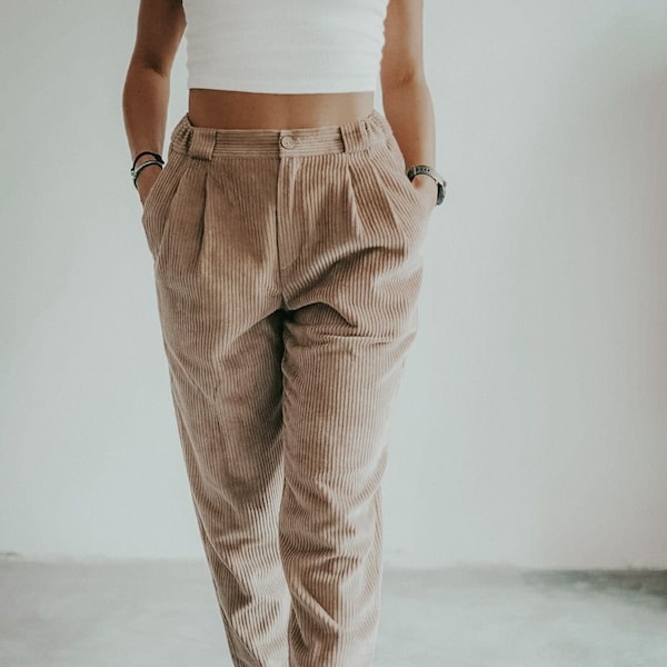 Womens boxy cord pants. Corduroy high waisted trousers for woman.