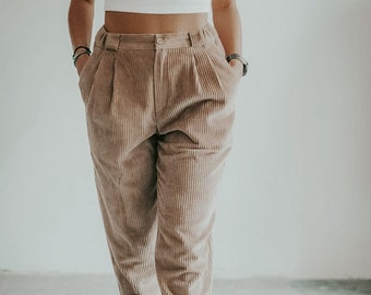 Womens boxy cord pants. Corduroy high waisted trousers for woman.