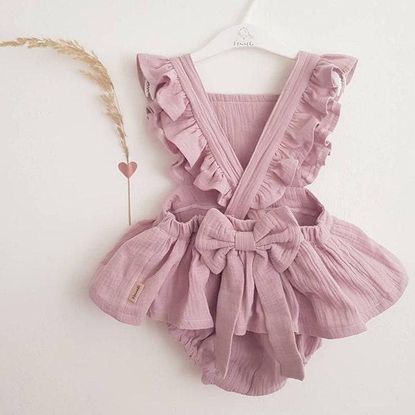 Baby Sun Dress. Flower Girl Linen Dress Pale Pink Frill Dress with Bow Ceremony Wedding Kids Overal Bloomer Pinafore Dress for a Girl