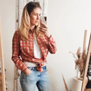 Linen Button Collared Shirt Handmade Gingham Linen Long Sleeves Top Vintage Style Linen Blouse Tee Women&#39;s linen Top Blouse Collar Shirt
