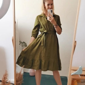 100% Linen Maternity / Nursing dress. Moss green dress with buttons. Linen cottagecore dress with Elastic Waist and Belt. Olive Green Dress.