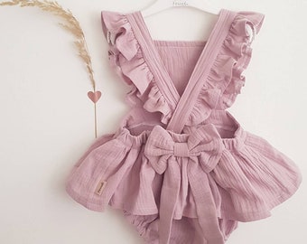 Baby Sun Dress. Flower Girl Linen Dress Pale Pink Frill Dress with Bow Ceremony Wedding Kids Overal Bloomer Pinafore Dress for a Girl