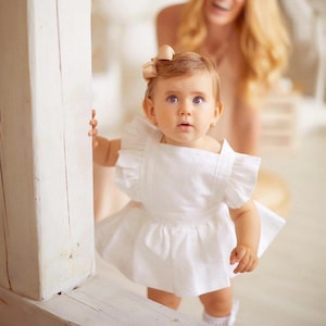 White Linen Dress Baby Girl Linen Baptism Dress Vanilla Frill Dress with Bow Ceremony Wedding Kids Overal Bloomer Pinafore Dress Christening
