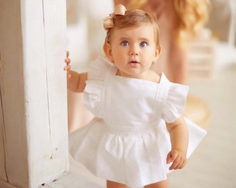 White Linen Dress Baby Girl Linen Baptism Dress Vanilla Frill Dress with Bow Ceremony Wedding Kids Overal Bloomer Pinafore Dress Christening