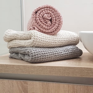 Waffle linen towel, bathroom linen face towel, waffle linen hand towel, waffle linen bath towel, rough washed linen cream, gray, pink