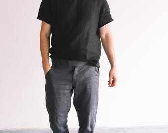 Menʹs linen tee shirt. Crew neck linen top for man. 40 colors. Softened linen.