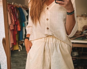 Handmade Crinkle Gauze Cotton Blouse, Vintage Style V-neck Top