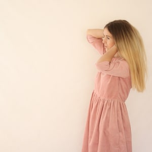 100% Cotton Vintage Retro Corduroy Button Back Dress Handmade Natural Dress Long Sleeves Dress Midi Vintage Dress  Needlecord for Women