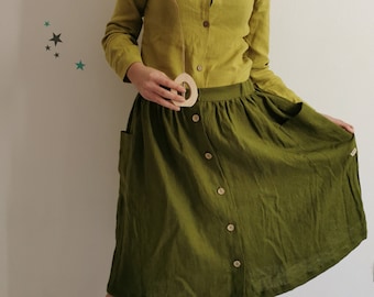 Women's Linen Skirt with Baggy Pockets and Coconut Buttons. Trendy Handmade Linen Button Up Skirt. Moss Green Midi Skirt with Pockets.