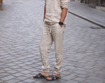 Men's Linen Pants. 100 % pure softened Linen Trousers for Man, Men Linen Sport style Pants with elastic waist and strings