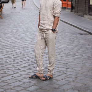 Men&#39;s Linen Pants. 100 % pure softened Linen Trousers for Man, Men Linen Sport style Pants with elastic waist and strings