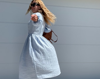 Handmade Linen Dress, Puff Sleeves, Maternity Clothing