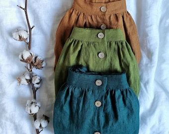 Linen Skirt with Buttons. Gathered linen skirt. Button Skirt with Pockets and Elastic waist Moss Green Midi Linen Skirt. Skirt with Pockets