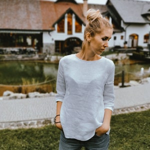 100% Leinen T-Shirt Trendy Cropped Sleeve Shirt Handgefertigte Natürliche 3/4 Ärmel Top für Frühling Sommer Herbst Vintage Leinen Bluse Weihnachten Rüschen