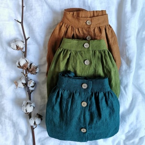 Linen Skirt with Buttons. Gathered linen skirt. Button Skirt with Pockets and Elastic waist Moss Green Midi Linen Skirt. Skirt with Pockets