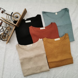 100 % reines geweichtes Leinen Dusty Blue Rundhals Leinen T-Shirt für Männer, Herren Leinen T-Shirt, gehärtetes Leinen Shirt Herren, 40+ Farben zur Auswahl