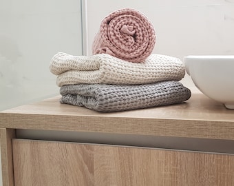 Waffle linen towel, bathroom linen face towel, waffle linen hand towel, waffle linen bath towel, rough washed linen cream, gray, pink