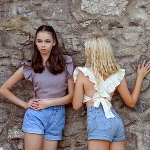Linen Crop Top with Frills – Sleeveless Summer Blouse, Minimalist Women’s Top, Eco-Friendly Linen Clothing for Woman - Bare Back Linen Top