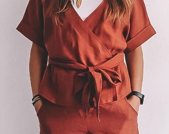 Handmade Linen Wrap Top - Short Sleeve Kimono Blouse