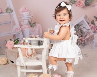 1st Birthday Dress Linen Baby Girl Outfit Baptism Frills Dress with Bow Ceremony Wedding Overal Bloomer First Birthday Dress for a Girl