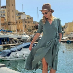 Women&#39;s Wrap Dress, Muslin Wrap Dress, Muslin Clothing for Women, Double gauze Maternity Dress, Puff Sleeve Dress, Bridesmaids Muslin Dress