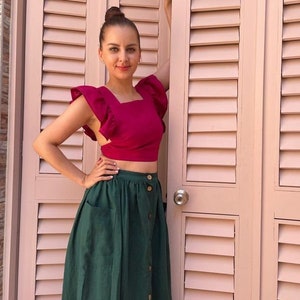 40 colors Women&#39;s Linen Skirt with Baggy Panel Pockets and Coconut Buttons. Trendy Handmade Linen Button Up Skirt.