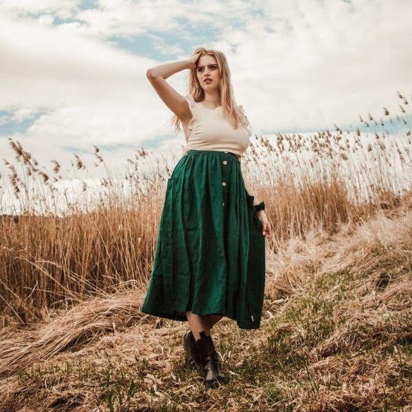 40 couleurs 100 % Linen Skirt Deep Green Emerald Skirt w Baggy Pockets. Jupe avec boutons. Jupe avec poches de panneau. Jupe en lin pour femme.