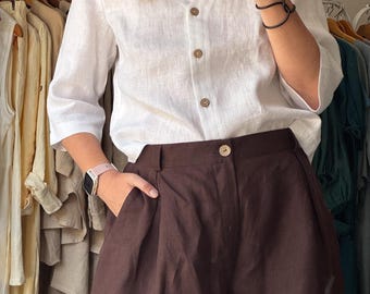 Mlynárka Linen Blouse – Women’s Button-Down Linen Shirt – Slow Fashion – Women’s Loose Fit Linen Top – Minimalist Summer Tee