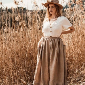 Women's linen skirt 100 % Linen Skirt Natural Skirt with baggy Pockets and with Buttons image 1