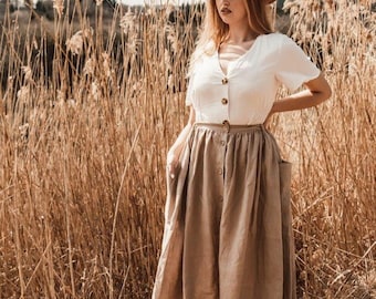 Women's linen skirt 100 % Linen Skirt Natural Skirt with baggy Pockets and with Buttons
