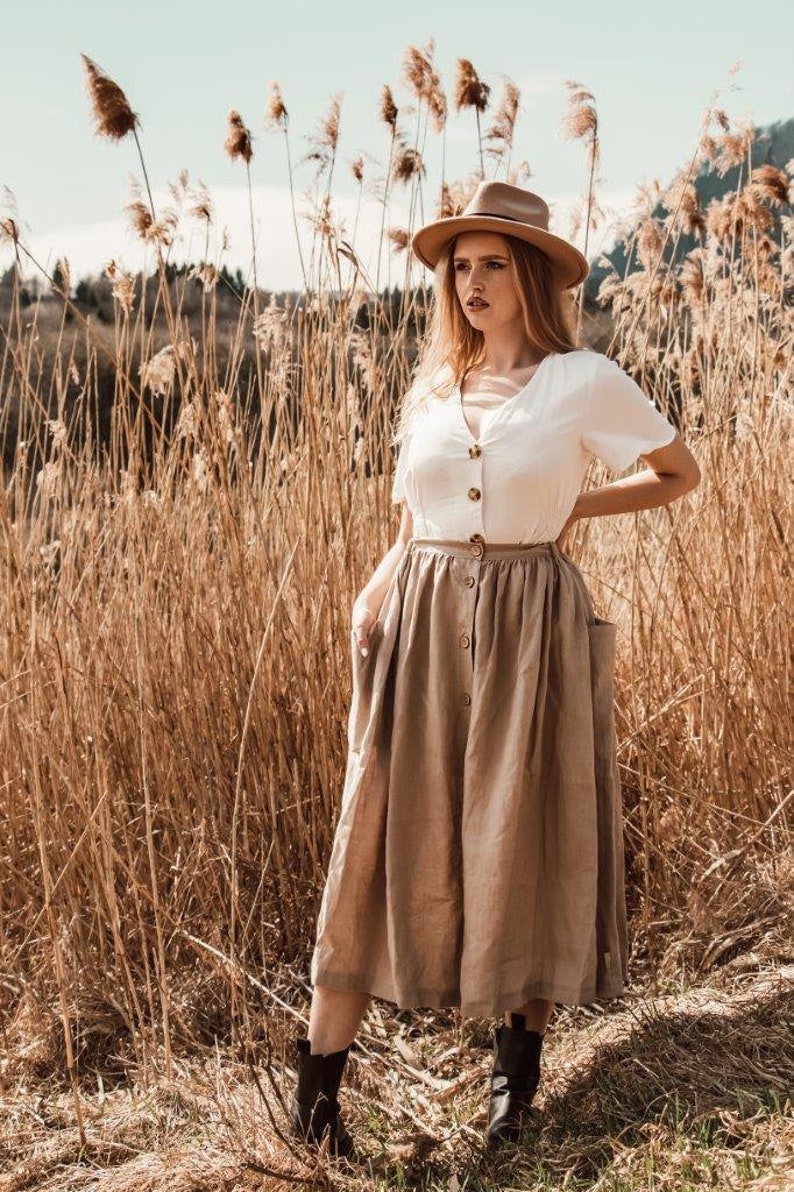 Women's linen skirt 100 % Linen Skirt Natural Skirt with baggy Pockets and with Buttons image 1