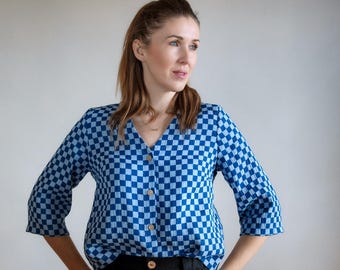 Checkered Double Gauze Cotton Blouse, Vintage Style Muslin Top