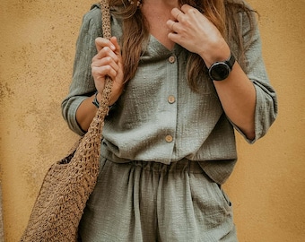 Cotton Gauze Blouse and Shorts Set, Crinkle Muslin Summer Outfit