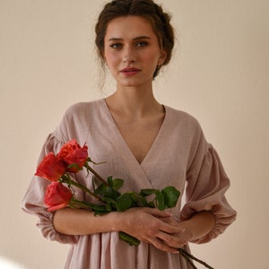 Women&#39;s Linen Puff Sleeve Dress, Loose Linen Mummy Dress, Linen Clothing, Linen Maternity Dress, Linen Dress Plus Size, Puff Sleeve Dress