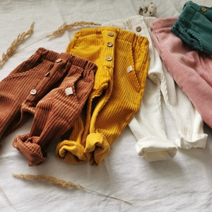 100% Cotton Corduroy Pants Natural Vintage Style Washed Cord Fabric  Pants for Kids Baby Corduroy Pants Coconut Buttons Boys Girls Pants