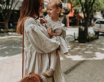 Girl's Ruffled Linen Dress. Baby Linen dress. Striped Beige linen clothing. Ceremony Wedding Kids Dress for a Baby Girl.