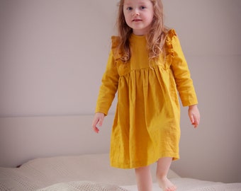 Linen Dress for Girl. Ruffled Dress for Baby Girl. Linen Baptism outfit Frill with Bow. Ceremony Wedding Kids Yellow Mustard  Linen Dress